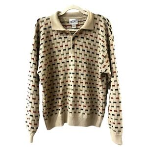 90s grandpa sweater woven pattern polo‎ collar size m earth tones